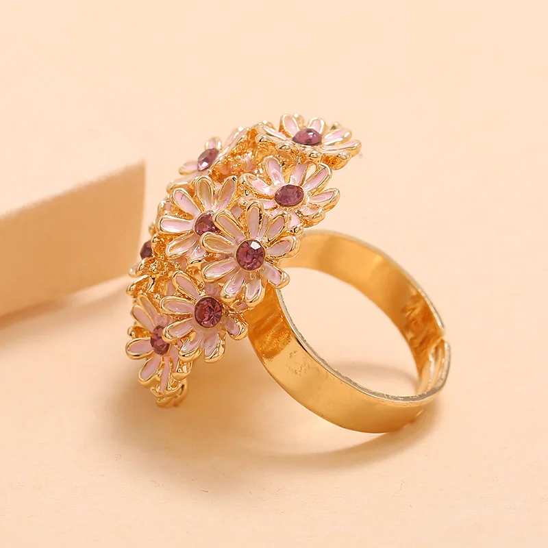 Romantic Pink Flower Rings for Women Bohemian Rhinestone Statement Ring Adjustable Female Bridal Wedding Beach Party Jewelry