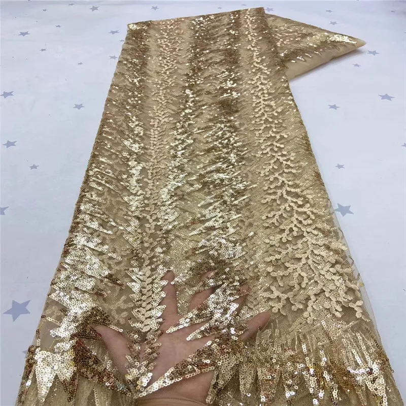 

Gold African Lace Fabric 2021 High Quality Nigerian Lace Fabric 5 Yards French Sequins Lace For Wedding Dress X99-04