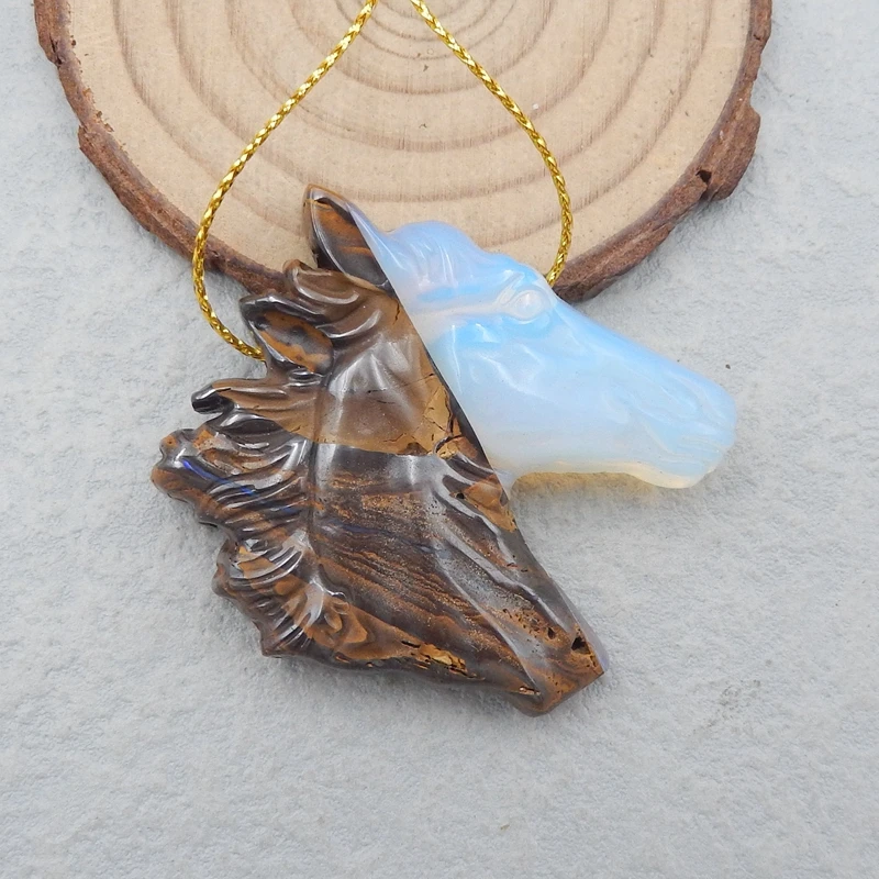 

Natural Stone Boulder Opal,Opalite Carved Horse Head Pendant Bead 43x39x9mm,25g