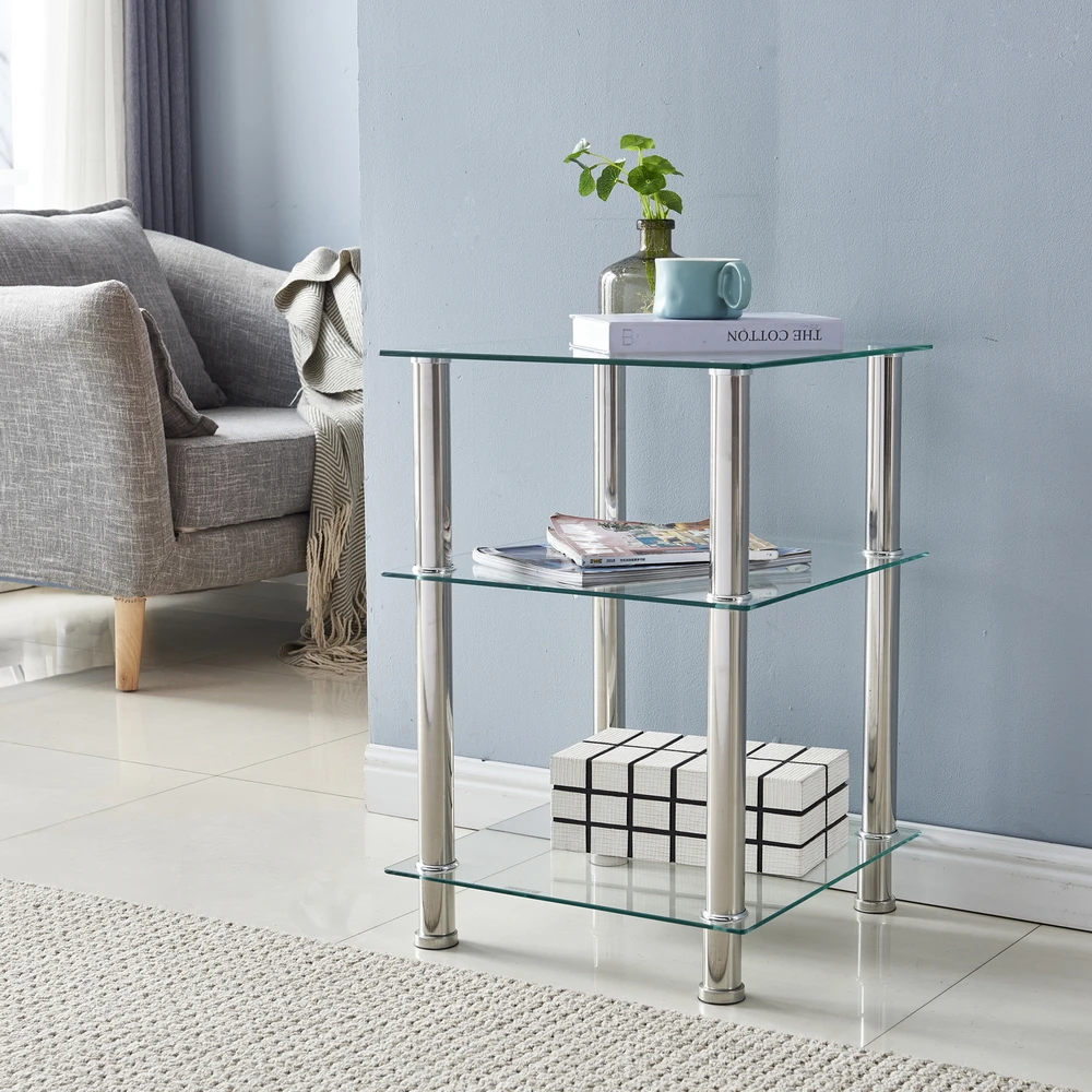 US Warehouse 42*42*61cm Three-layer Tempered Glass Stainless Steel Tube Square Coffee Table Side Table Coffee Table  End Table