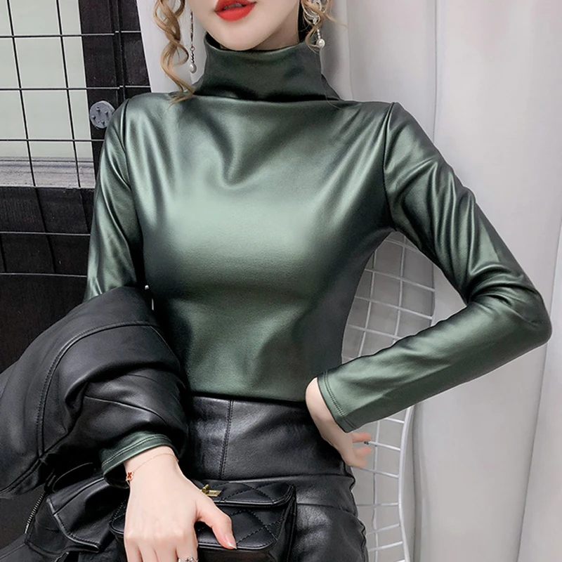 Shintimes Turtleneck Soft PU Leather T Shirt Women Long Sleeve Tee 2022 Winter Warm Tshirts Womens Clothing Camisetas De Mujer