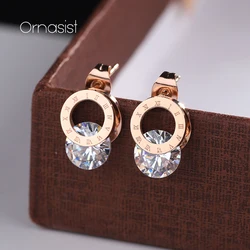 Luxury Zircon Stainless Steel Earring Romantic Roman Numeral Circle Ladies Earrings Classic Rose Gold Color Women Jewelry
