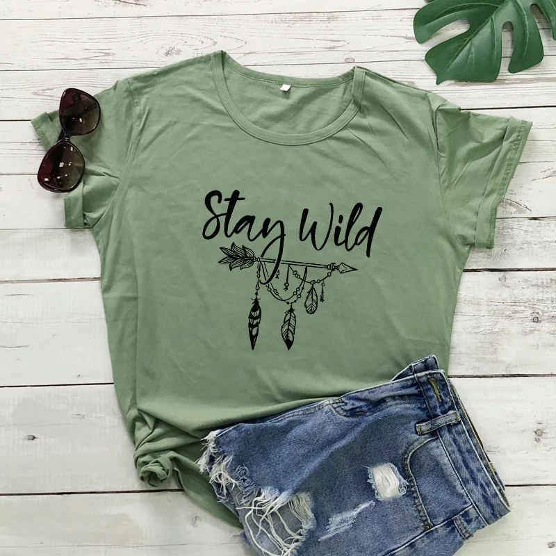 Stay Wild T-shirt Stylish Women Boho Tshirt Vintage Summer Short Sleeve 90s Graphic Camping Tee Shirt Top vestido Dropshipping