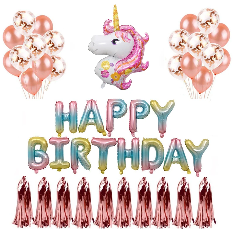 DIY Happy Birthday Party Balloon Gradient Color Unicorn Sequins Confetti Latex Balloon 32inch Number Aluminum Foil Decor Balloon