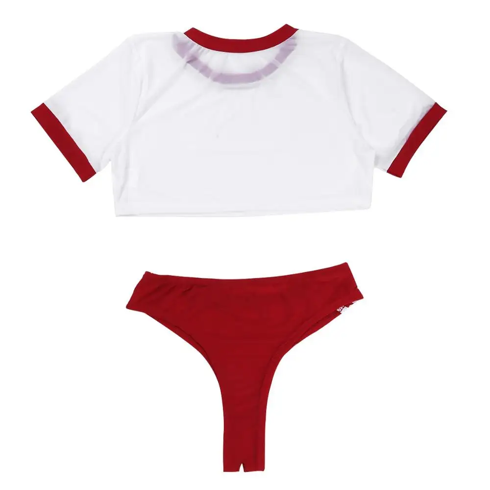 Women's School Girl Sheer Bodysuit Two Pieces Lingerie Set Short Sleeves Sheer Crop Top with Open Crotch Thongs Briefs Underwear