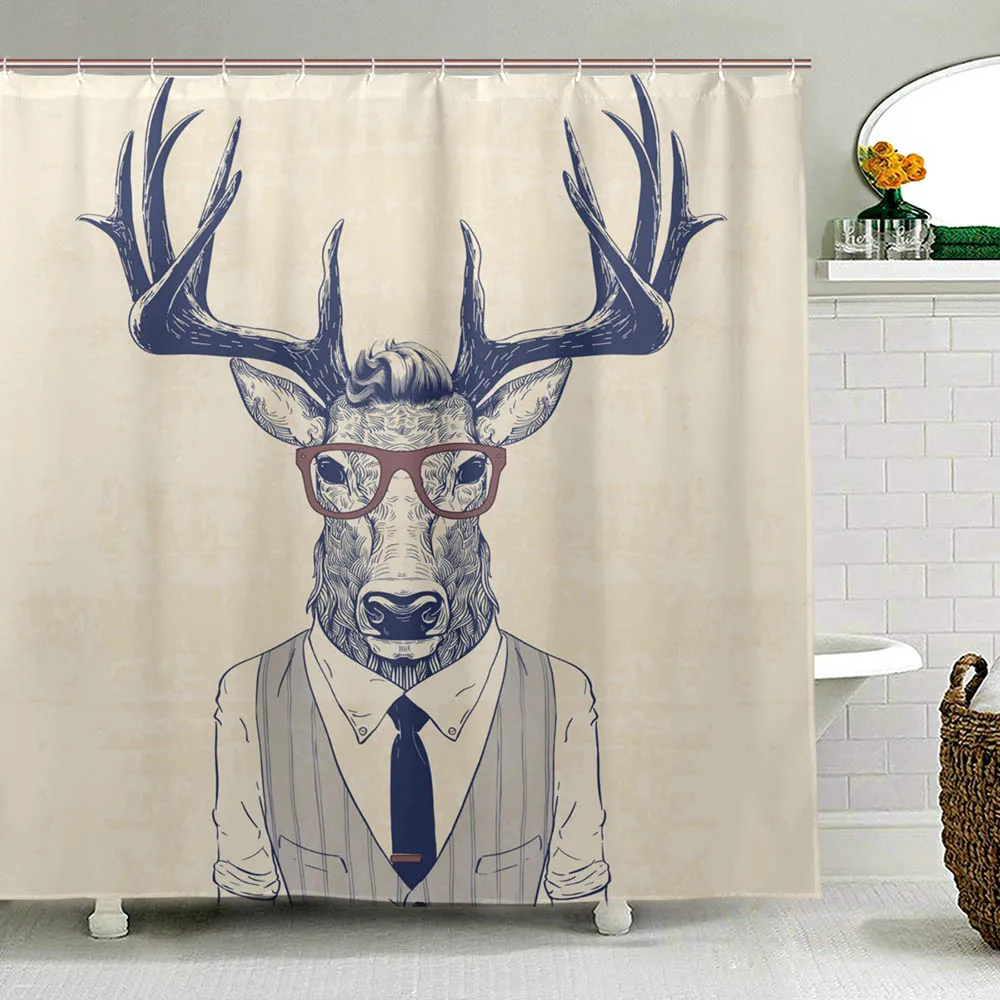 Antlers Fabric Polyester Shower Curtains Illustration of Deer Dressed up Like Cool Hipster Fun Animal Bath Curtain for Bathroom