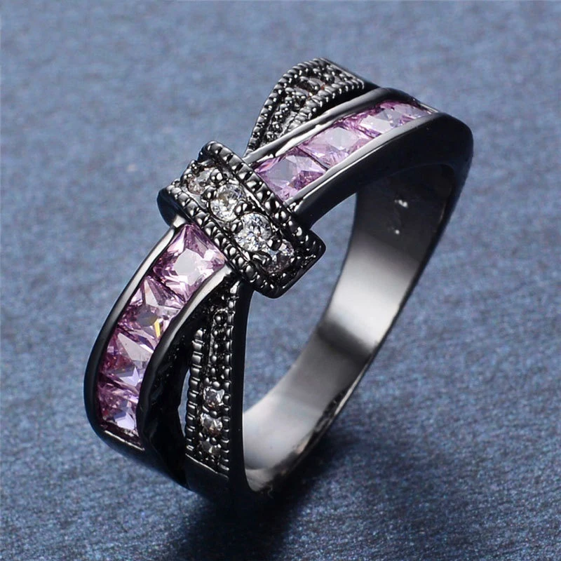 Fashion Couple Rings Trendy Rainbow Tungsten Carbide Men\'s Ring Cute Bow Purple Rhinestones Zircon Rings Set Wedding Ring Gift