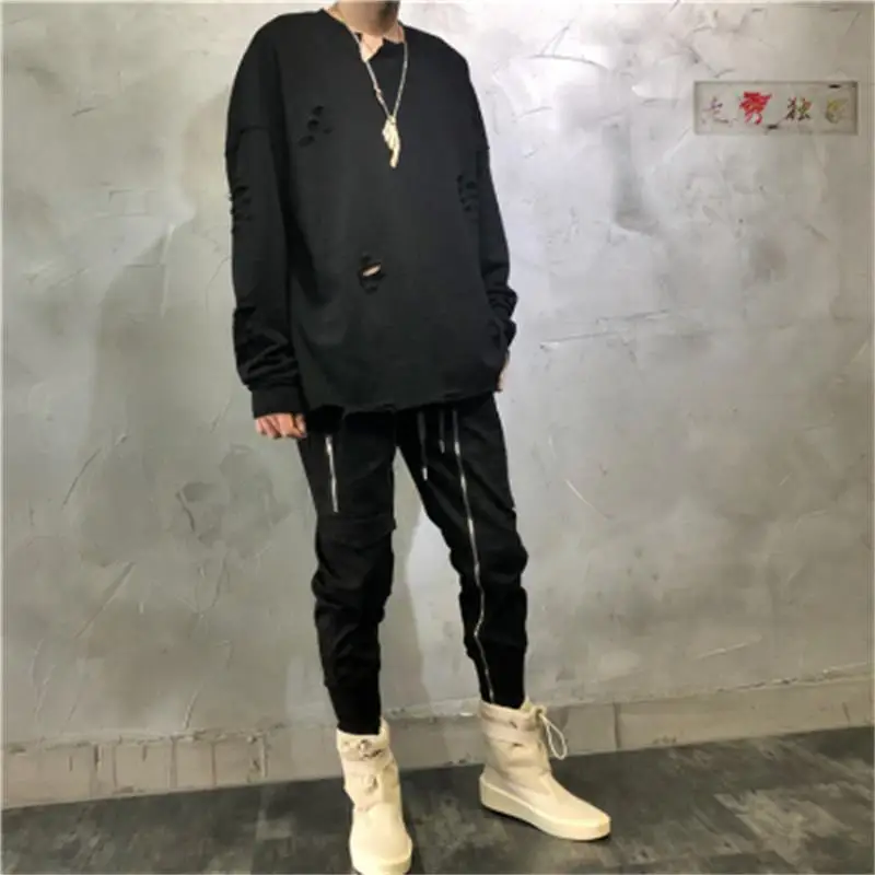 Men's Long Sleeve T-Shirt Spring And Autumn New Hip Hop Street Hole Fashion Vitality Youth Leisure Loose Large Size Jacket