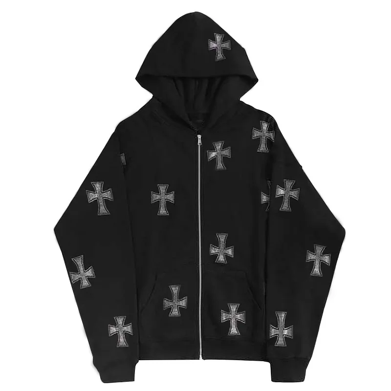 Men's and Women's Sports Hoodie Cross Rhinestone Sweatshirt Spring and Autumn Coat Leisure Hoodies Oversized Zip Up Hoodie Tops