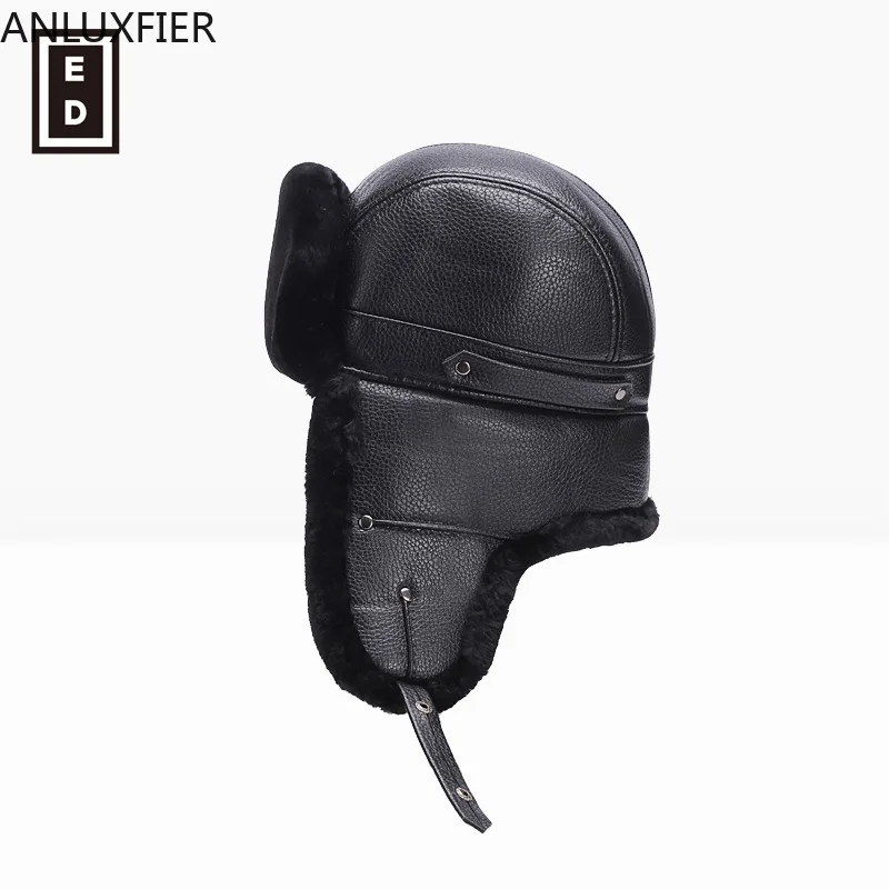 

B-8547 Adult Winter Warm Hats Male Bomber Hats Ear Protection Warm Cap Pu Warm Hats Thickened Windproof Warm Cap Adjustable