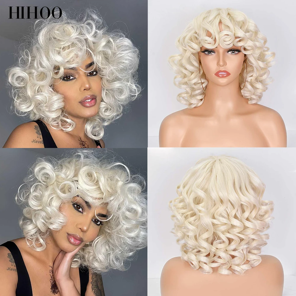 Short Hair Afro Kinky Curly Wigs With Bangs For Black Women Synthetic African Cosplay Natural Blonde Red White Pink Wig