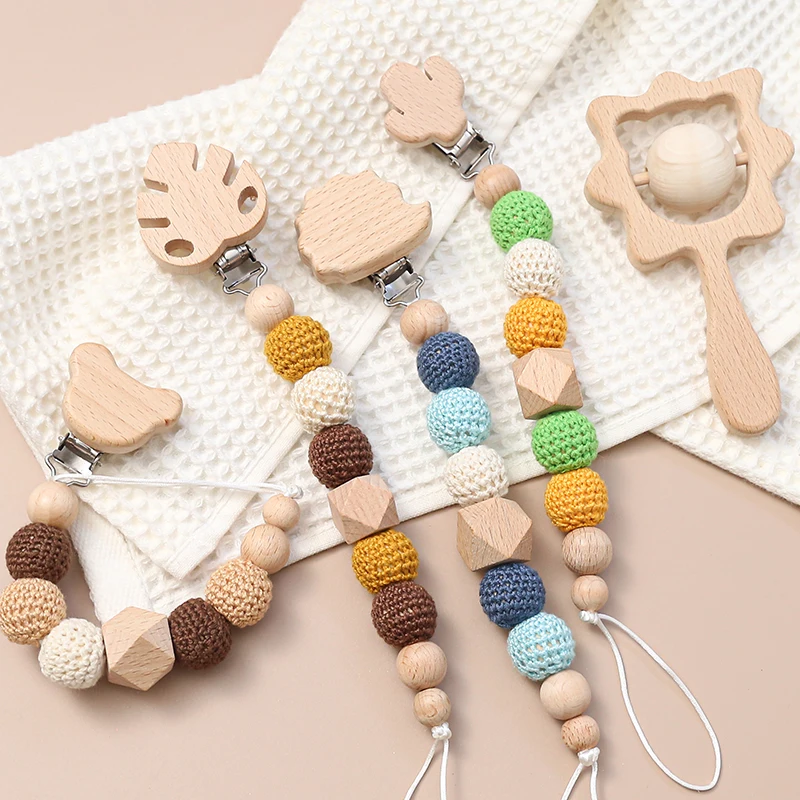 1Pc Baby Pacifier Chain Dummy Clips Holder Elephant Wooden Clip Crochet Beads Baby Teether Teething Chain Necklace Bracelet