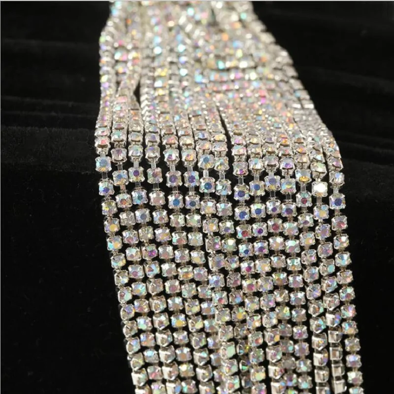 10yards/roll Crystal Rhinestones Close Chain Clear Trim Silver Base Copper Cup Rhinestone Chain Apparel Sewing Style Accessories