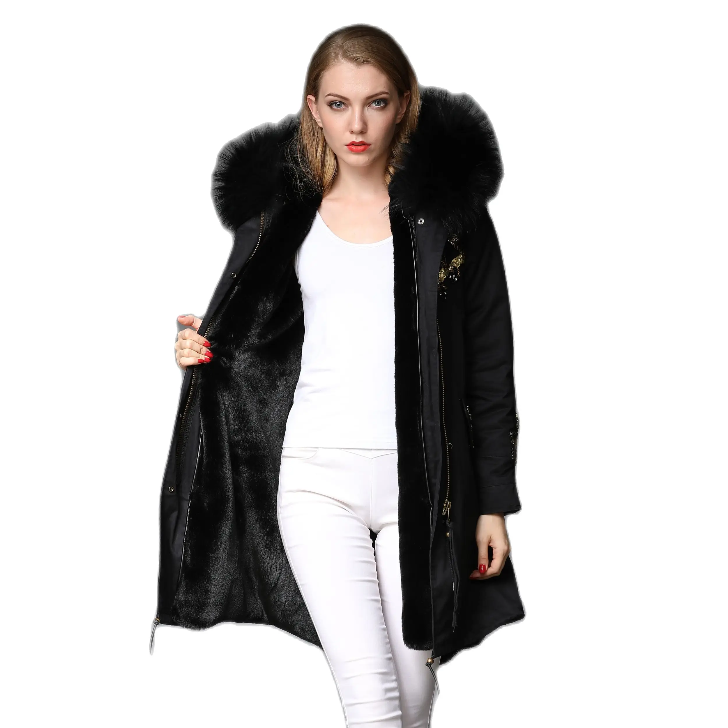 Stylish Beading Long Parka Black Faux Fur Coat Winter Thick Jacket Women Ladies Fur Frigostabile Coat