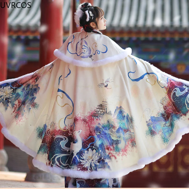 

Winter Chinese Ancient Style Hanfu Cloak Women Vintage Warm Embroidery Plush Cape Coat Oriental Traditional Adult Kids Overcoat