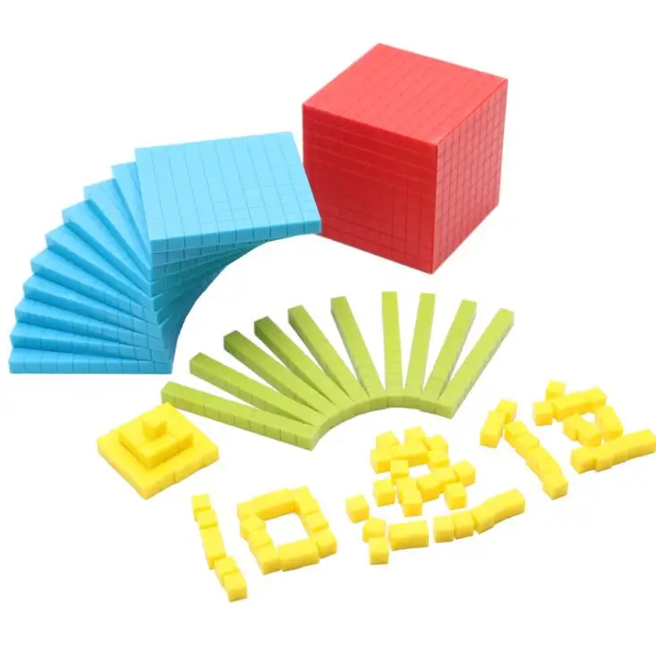 base ten Math Manipulative for Kids - 4 Color Plastic Base Ten Set - Set of 121 - Teach Number Concepts, Place Value and Volume