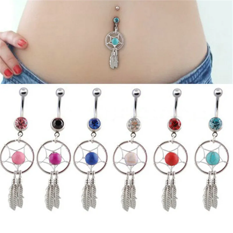 1PCS Boho Pink Zircon Belly Button Ring Dangle Heart Navel Piercing Surgical Steel Feather Belly Bar Piercing Ombligo Jewelry