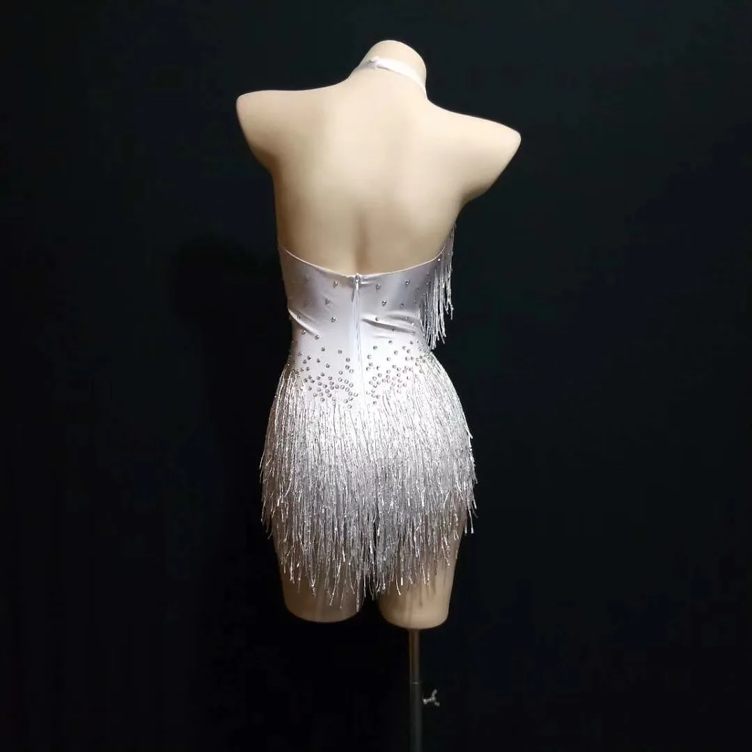 Women Sparkly Rhinestone Fringes Bodysuit Nightclub Outfit Glisten Beads Dance Costume One-piece Latin Wear Singer Stage Leotard