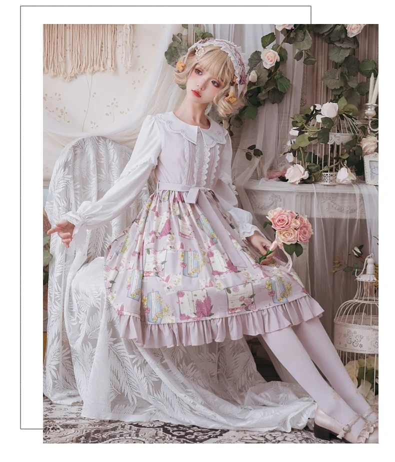 Sweet lolita strap dress vintage  bowknot cute printing high waist princess victorian dress kawaii girl gothic lolita cos loli