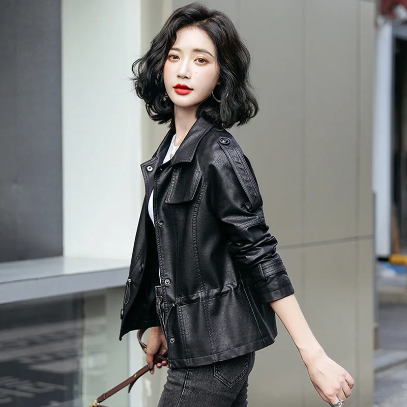 M-5XL Women Leather Jacket Spring Autumn Winter 2024 Fashion Turn Down Collar Drawstring Loose Sheepskin Coat Outerwear Female