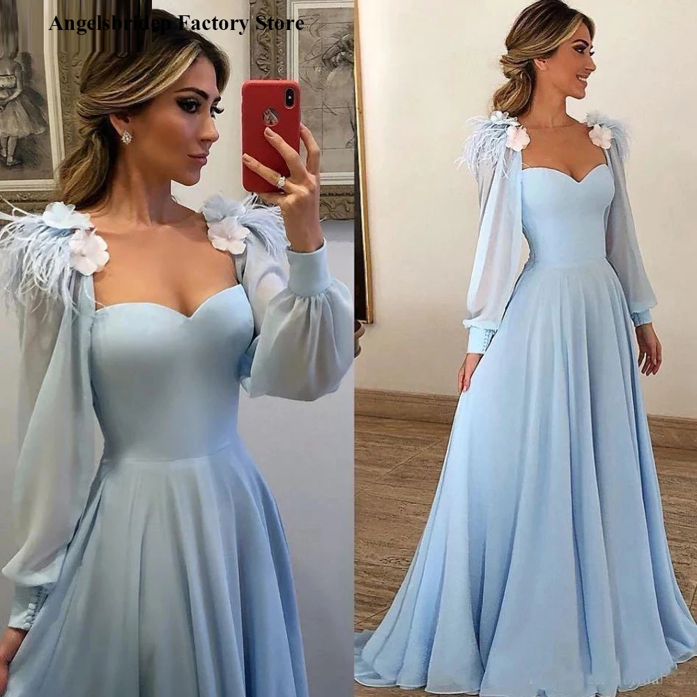 Elegant Light Sky Blue Evening Dresses 2021 Puff Long Sleeves 3D Flowers Feather A Line Prom Gowns Formal Party Dress