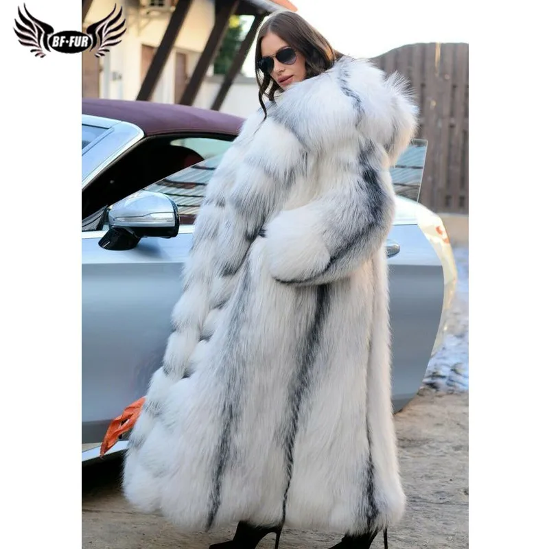 BFFUR 130CM Long Real Fox Fur Coat With Hood Thick Warm Winter Fashion Genuine Cross Fox Fur Jackets Natural Overcoats Women