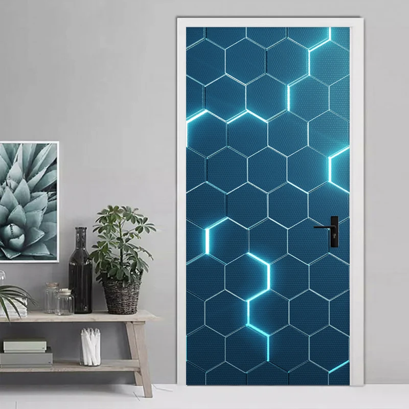 

Modern Door Sticker 3D Stereo Abstract Geometric Blue Circuit Door Mural PVC Self-Adhesive Waterproof Door Poster Creative Decal