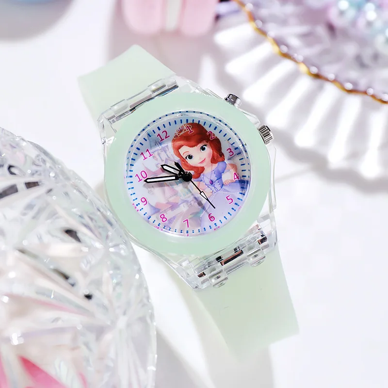 Disney Frozen Princess Watches for Girls Aisha Children's Luminous Elsa Watch Kids School Student Silicone Colorful Lights Clock