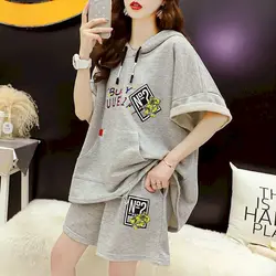 2024 Summer Womens Suits Korean Loose Hoodies Suits Short-sleeved Hooded T-shirt Casual Sports Short Pants Two Piece Sets Women