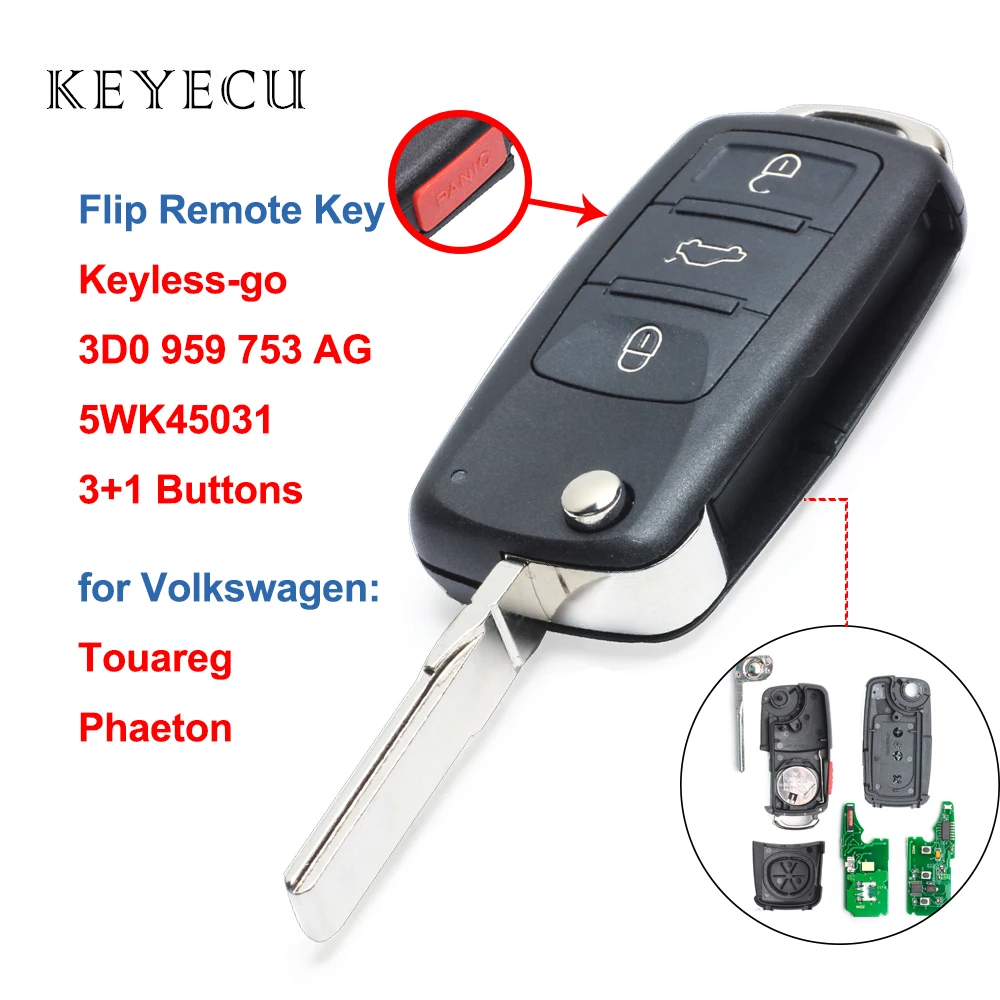 Keyecu Keyless-Go Flip Remote Car Key Fob ID46 for Volkswagen VW Touareg Phaeton 2002-2010 3D0 959 753 AG 3D0959753AG 5WK45031