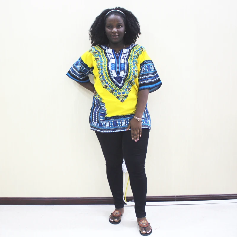 

Dashikiage African Dashiki Print Bohemian Yellow 100% Cotton Pockets Tops T-Shirt