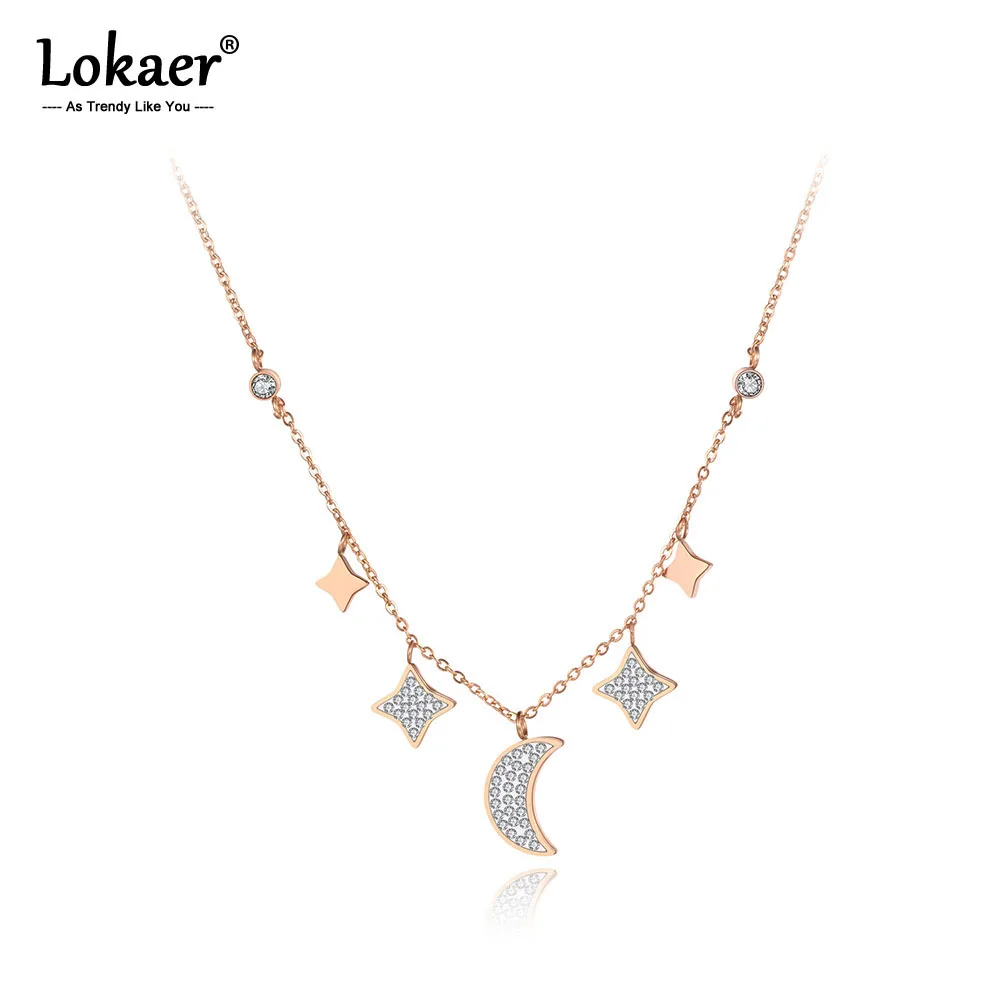 Lokaer Titanium Stainless Steel CZ Crystal Star Moon Charm Pendant Necklace Jewelry Trendy Choker Necklace For Women Girl N19116