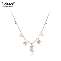 Lokaer Titanium Stainless Steel CZ Crystal Star Moon Charm Pendant Necklace Jewelry Trendy Choker Necklace For Women Girl N19116