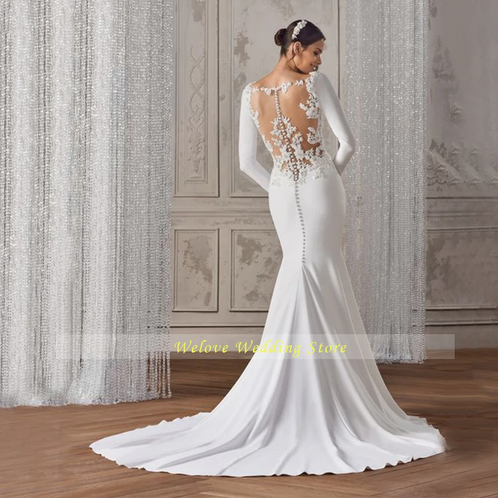 White Long Sleeve Mermaid Wedding Dress Beading Custom Illusion Button Back Sweep Train Applique Scoop Neck Plain Bridal Gown