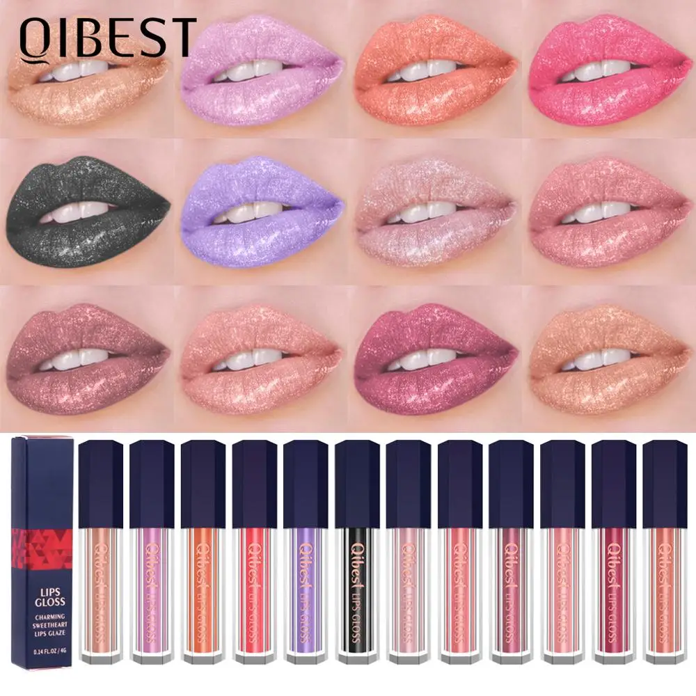 QIBEST 12 Farben Schimmer Lippenstift Flüssigkeit Glitter Lip Gloss Wasserdicht langlebige Lip Tint Glatte Textur Lippe Make-Up Kosmetik