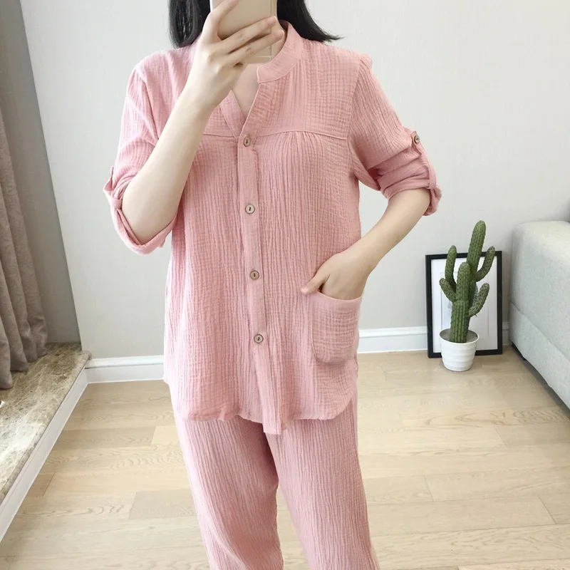 

100% Cotton Gauze Pajamas for Women Plus Size Sleepwear Washed Crepe Long Sleeve Home Wear Autumn Pijama Set 2 Piece Wholesale