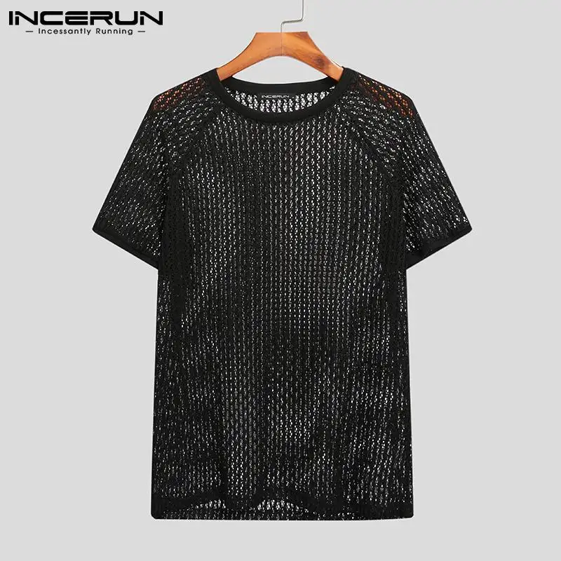 INCERUN Men T Shirt Solid Color Hollow Out See Through Sexy Short Sleeve O Neck Tee Tops Streetwear 2024 Casual Party Camisetas