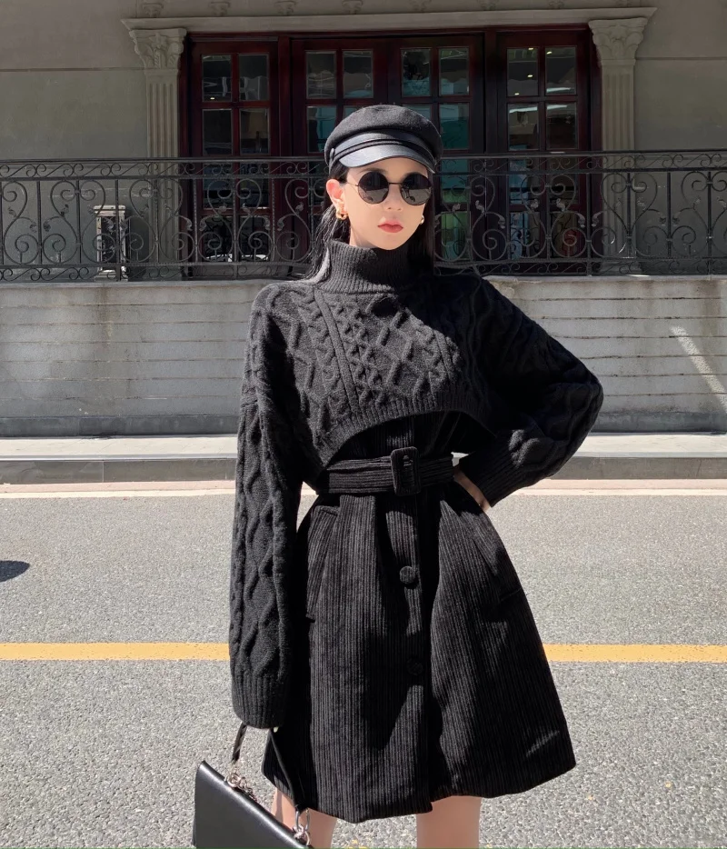 2023 autumn and winter fashion knitted long-sleeved cloak shawl velvet vest dress two-piece female Retro elegant dress Korean