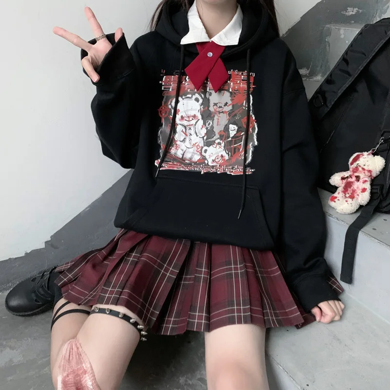 худи Women Loose Black Anime Print Hoodie Long Sleeve Top Punk Vintage Dropshipping Harajuku Japanese Gothic Pullover Sweatshirt