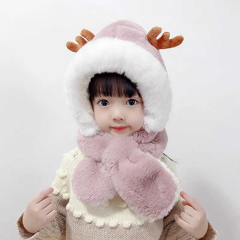 Winter Child Hats Plus Velvet Children's Hats Cartoon Elk Girls Hats Boys Scarf Thick Hats Newborn Photography Baby Products