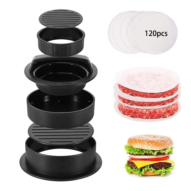 HOT-3 in 1 Burger Press Patty Stuffed Burger Maker with 120Pcs Burger Paper Non Stick Sliders Beef Burger Press - Black