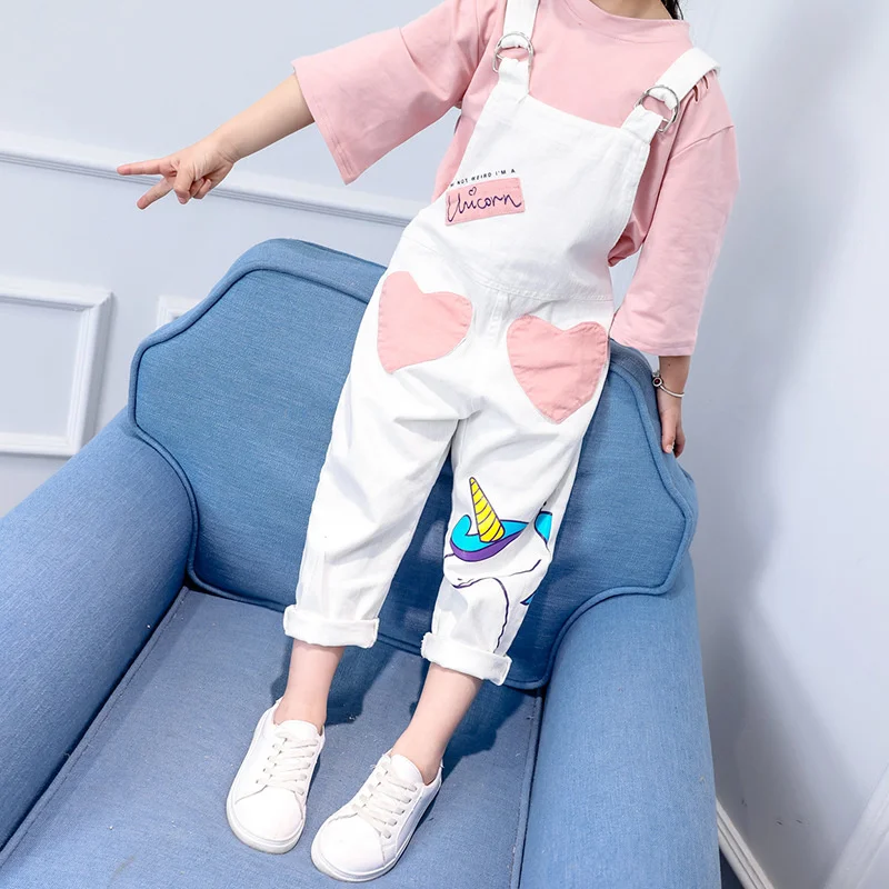 Summer Girls Pants White Bib Overalls Denim Jumpsuit New Baby Girls Cartoon Patch Braces Comfortable Children\'s Clothes Rompers