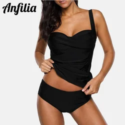 Anfilia Women Two-pieces Tankini Set Ladies Vintage Swimsuit Solid Color Suit Retro Cross Swimwear Bathing Suit Beachwear