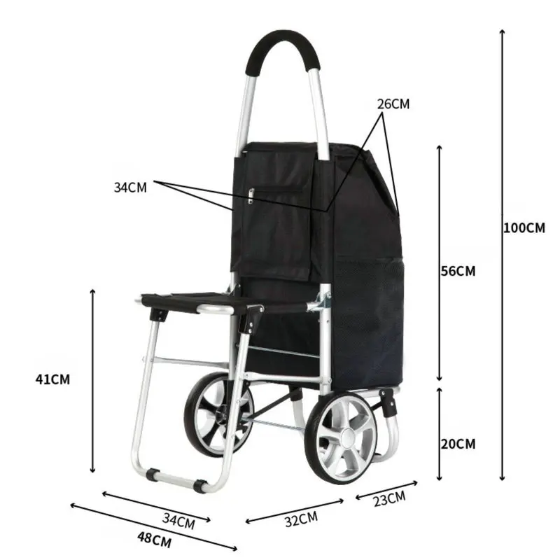 Chariot d\'Épicerie Pliant avec Siège, Grande Roue Gonflable de 20cm, Remorque à Bagages Portable à Usage Multiple