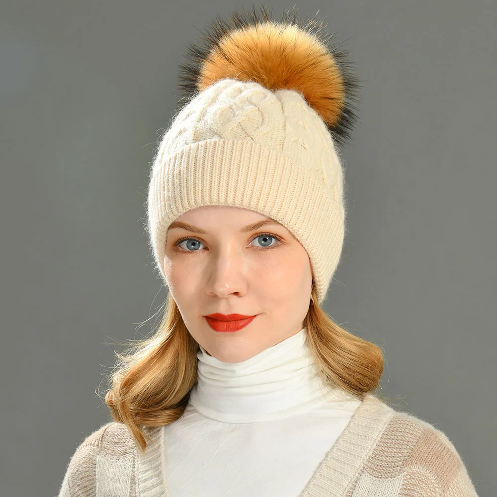 

Jaxmonoy Casual Wool Beanies Hat for Women Real Raccoon Fur Pompom Cap Ladies Winter Warm Wool Blend Skullies Hats New Arrival