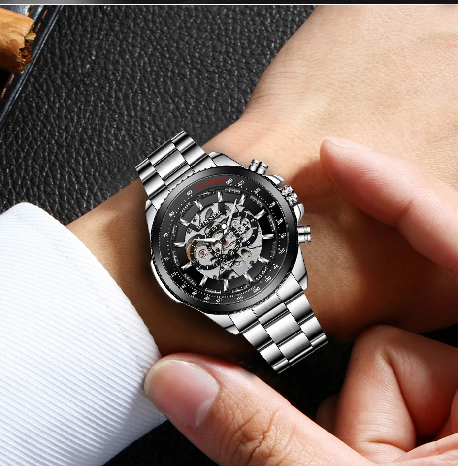 Fashion Winner Top Brand Men Skeleton Mechanical Full Stainless Steel Automatic Sport Business Wrist Watch Relogio Masculino