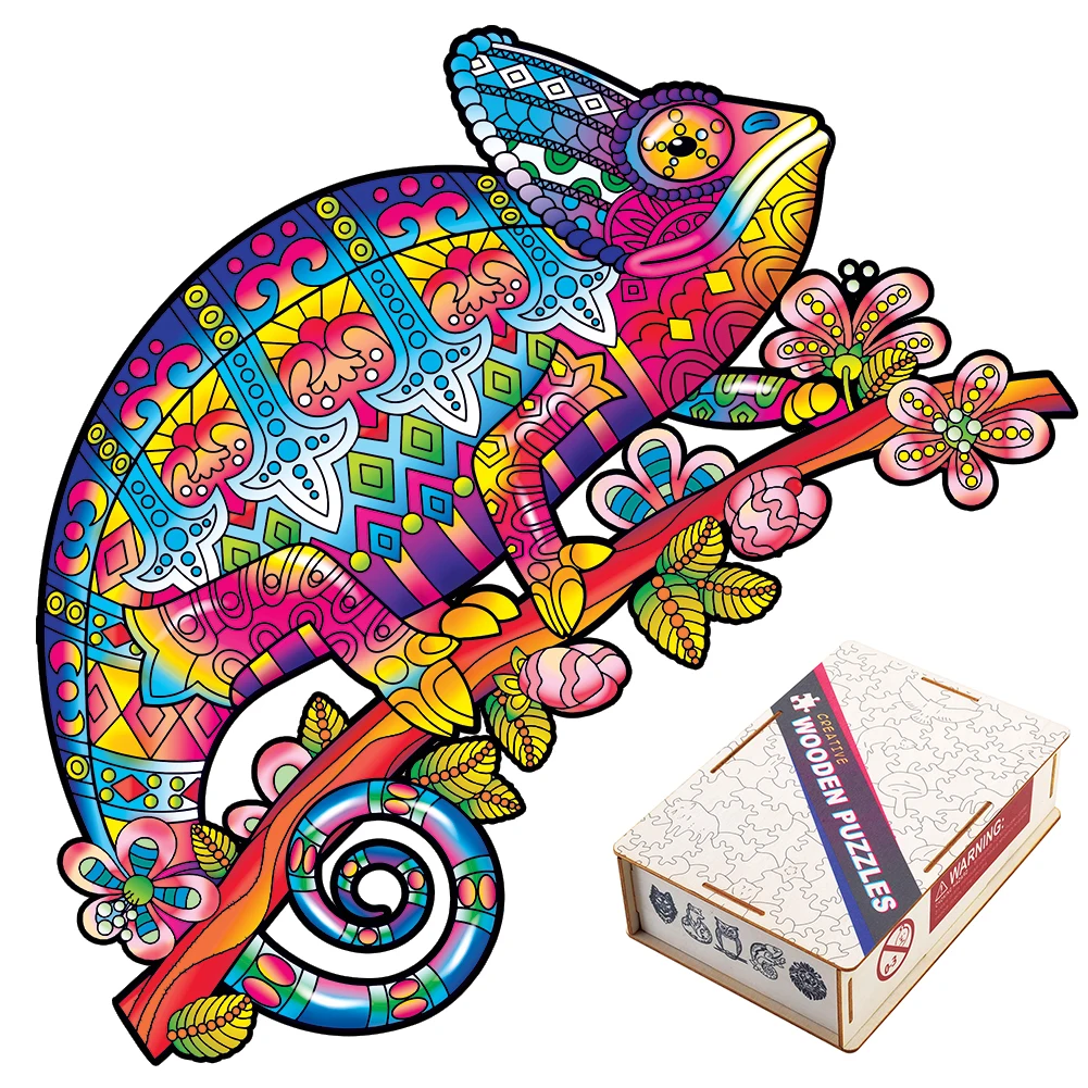 

3D Wooden Toy Mysterious Animal Chameleon Colorful Wooden Jigsaw Puzzle Board Game For Adults Kids Puzzle With Wooden Gift Boxed