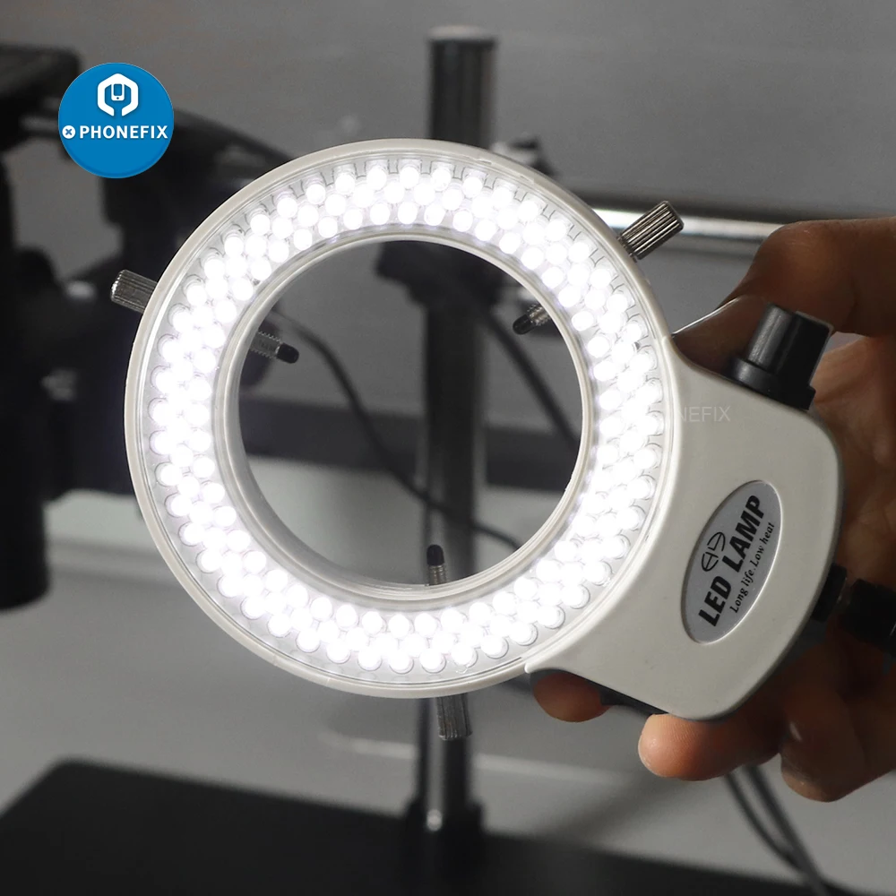 Regulowany oświetlacz pierścieniowy 144 LED do przemysłu Stereofoniczny mikroskop trójokularowy Kamera wideo Lupa obiektywu 110V 220V