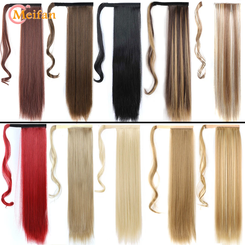 MEIFAN Synthetic Straight Curly Clip In Hair Ponytail Extensions Natural False Hair Ombre Ponytail Hairpiece With Hairpins Hair