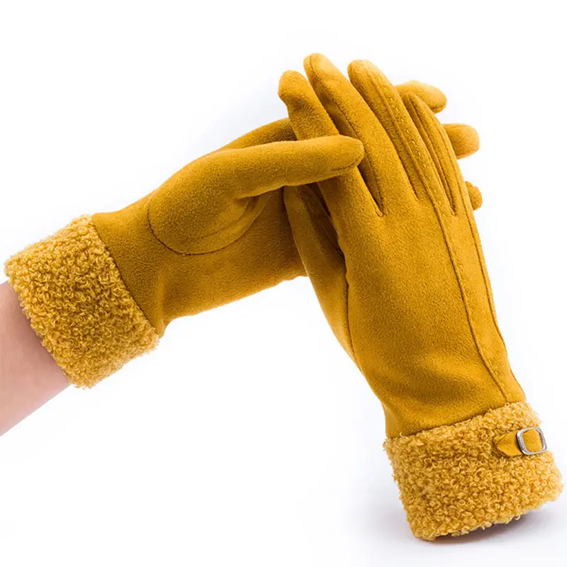 Winter Suede Leather Internal Plush Thicken Touch Screen Driving Gloves Woman\'s Outdoor Riding Belt Embroidery Warm Gloves R28